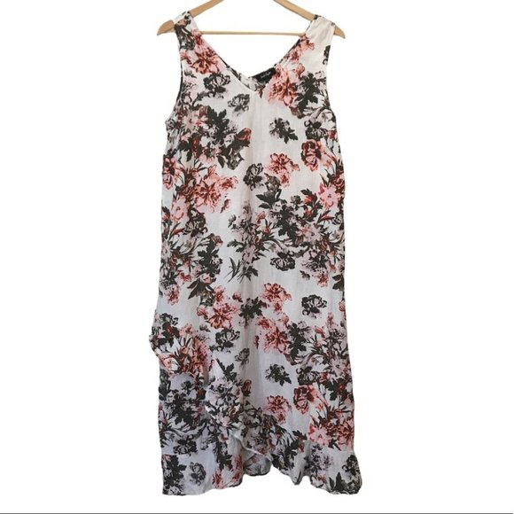 Lord + Taylor White Pink 100% Linen Floral Sleeveless Midi Maxi Dress - Picture 1 of 9